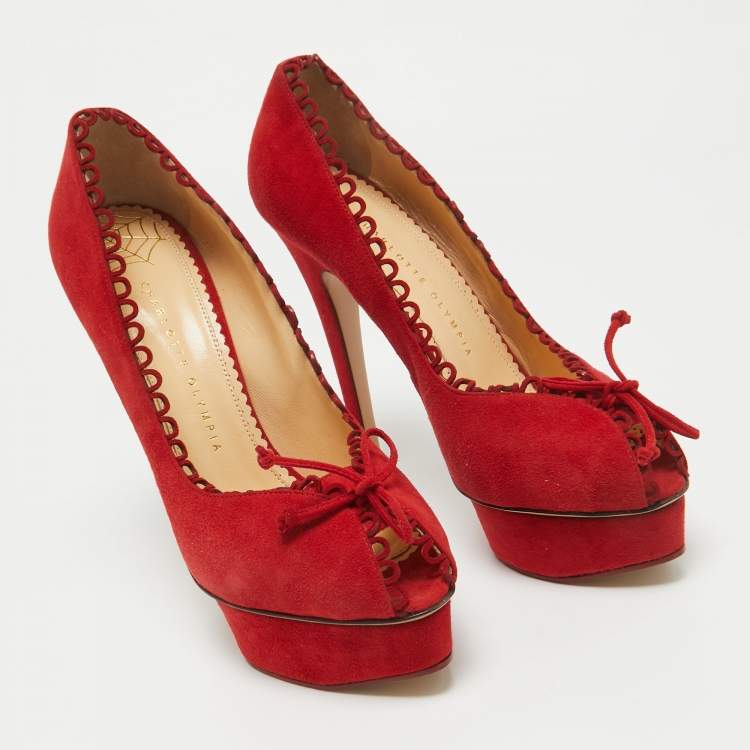 Pre Owned Charlotte Olympia Red Suede Platform Pumps Size 40.5