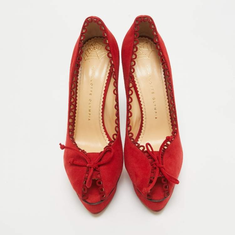 Pre Owned Charlotte Olympia Red Suede Platform Pumps Size 40.5