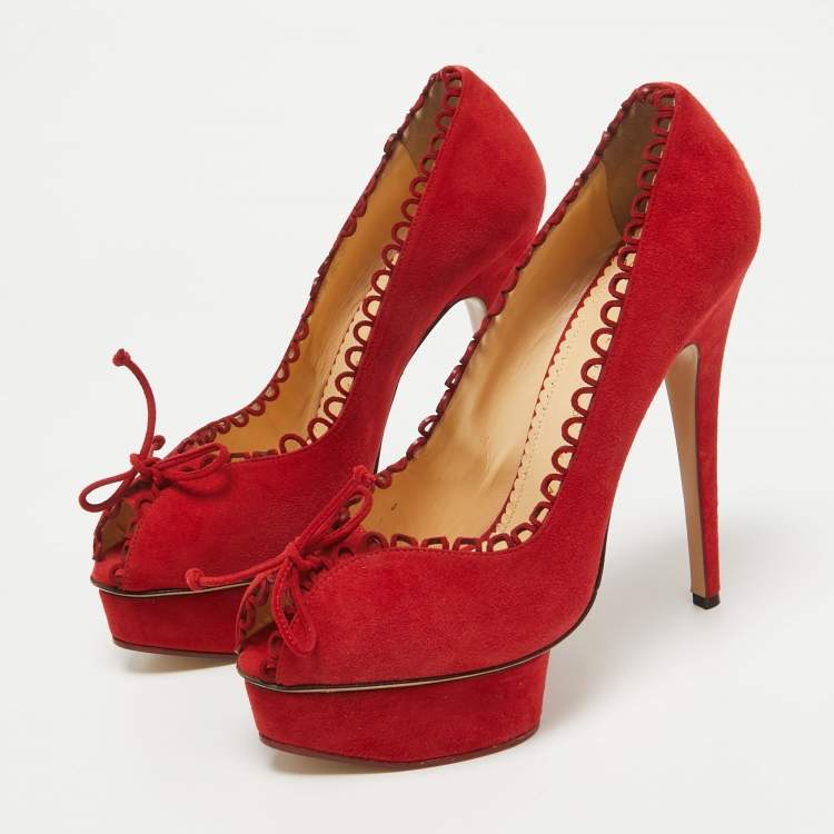 Pre Owned Charlotte Olympia Red Suede Platform Pumps Size 40.5