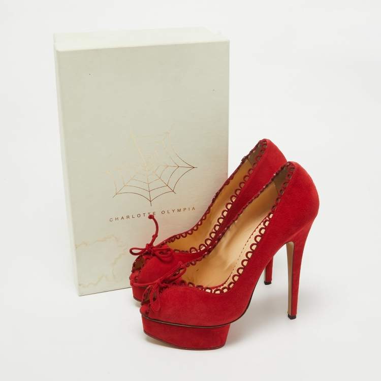 Pre Owned Charlotte Olympia Red Suede Platform Pumps Size 40.5