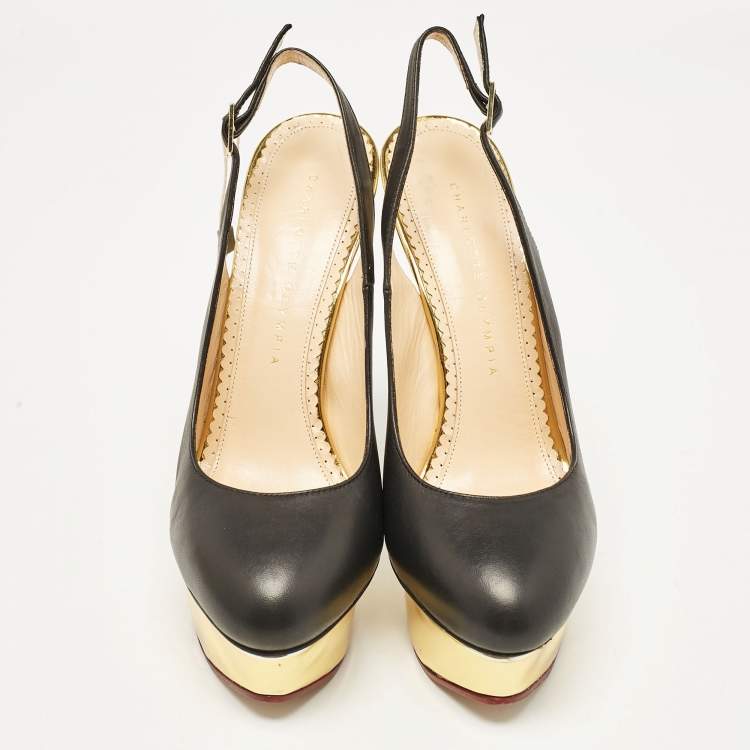 Pre Owned Charlotte Olympia Black Leather Dolly Slingback Pumps Size 38