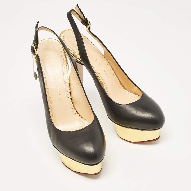 Pre Owned Charlotte Olympia Black Leather Dolly Slingback Pumps Size 38