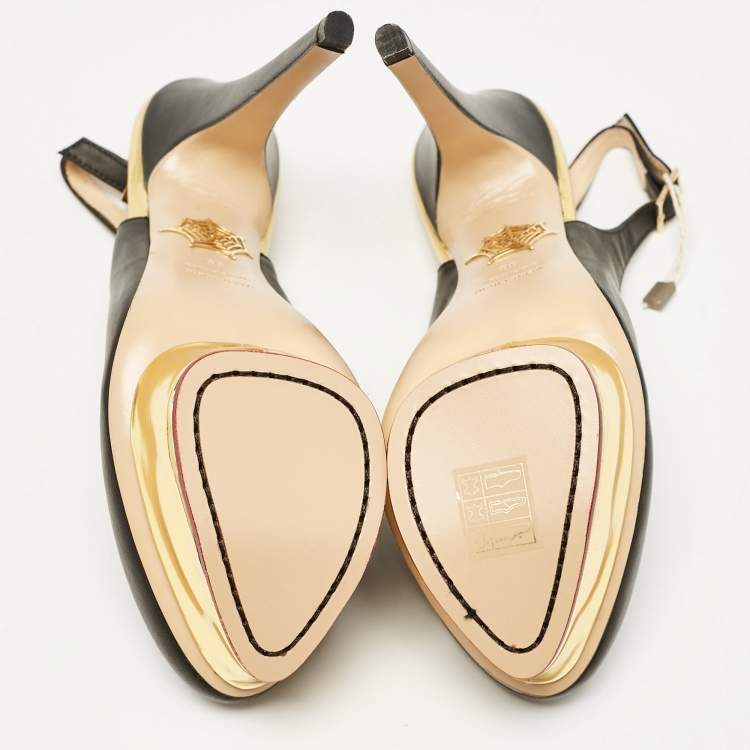 Pre Owned Charlotte Olympia Black Leather Dolly Slingback Pumps Size 38