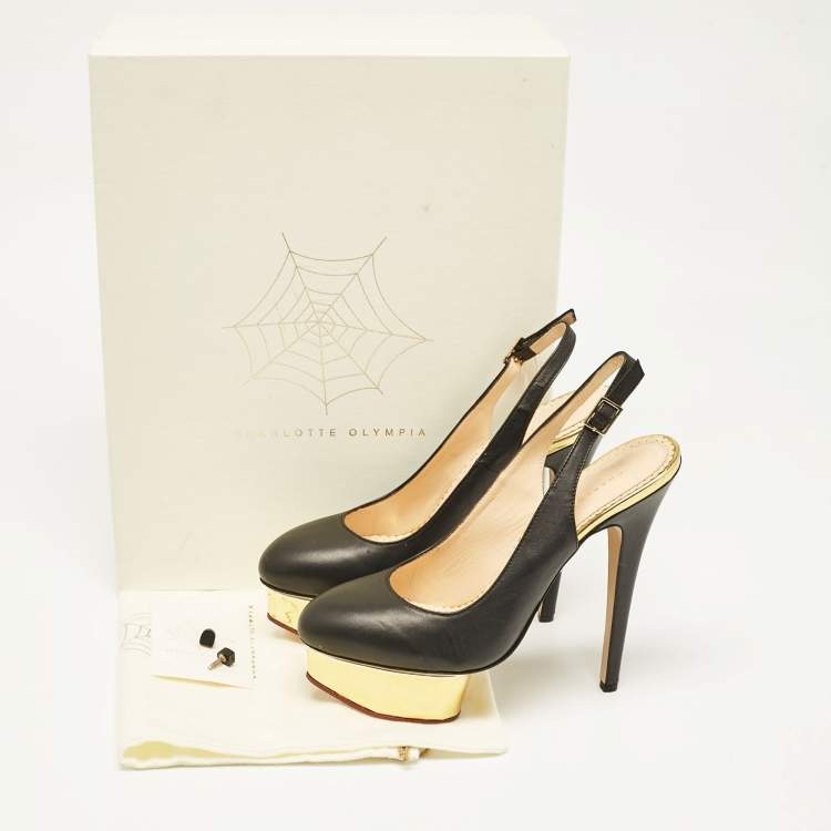 Pre Owned Charlotte Olympia Black Leather Dolly Slingback Pumps Size 38