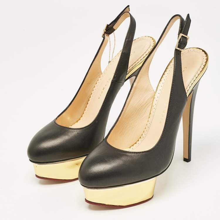 Pre Owned Charlotte Olympia Black Leather Dolly Slingback Pumps Size 38
