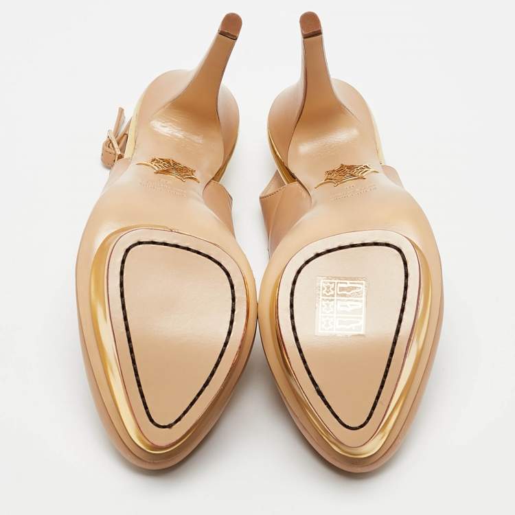 Pre Owned Charlotte Olympia Beige Leather Dolly Slingback Platform Pumps Size 38