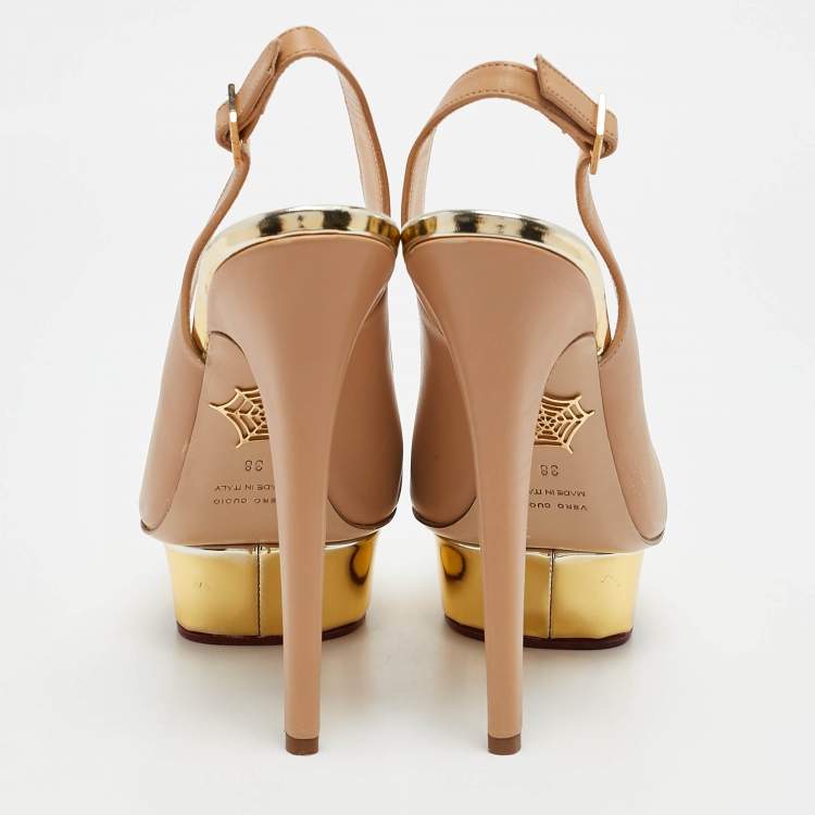 Pre Owned Charlotte Olympia Beige Leather Dolly Slingback Platform Pumps Size 38