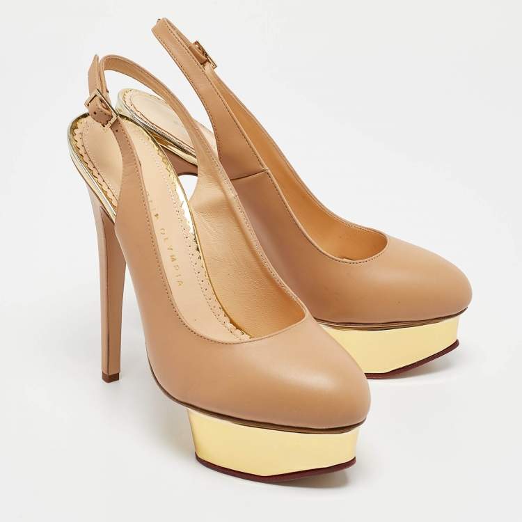 Pre Owned Charlotte Olympia Beige Leather Dolly Slingback Platform Pumps Size 38