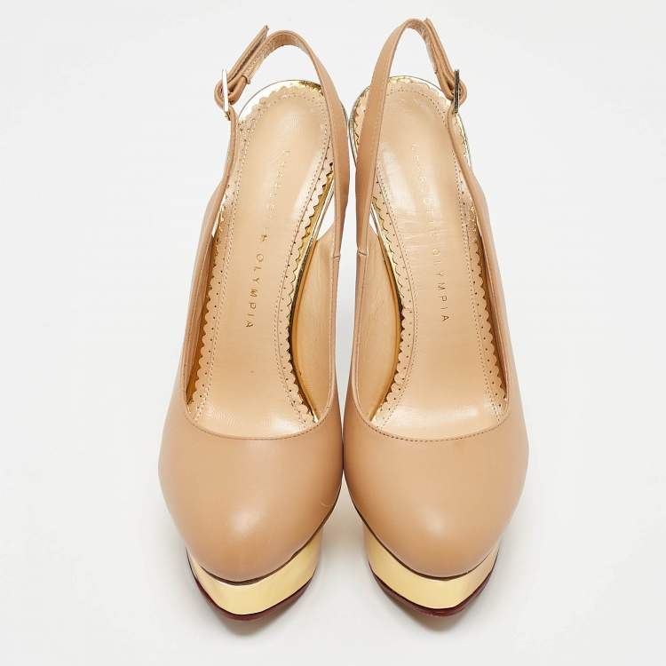 Pre Owned Charlotte Olympia Beige Leather Dolly Slingback Platform Pumps Size 38