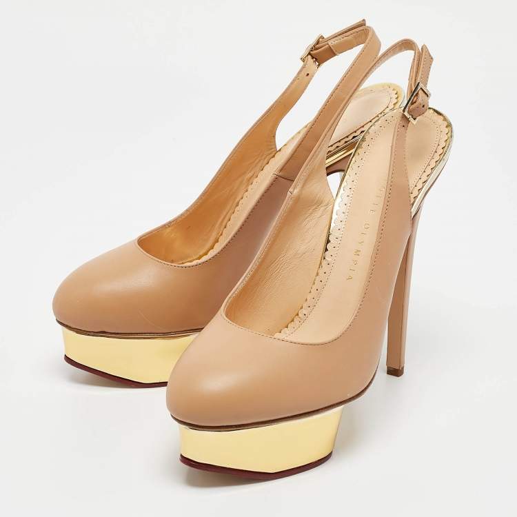 Pre Owned Charlotte Olympia Beige Leather Dolly Slingback Platform Pumps Size 38