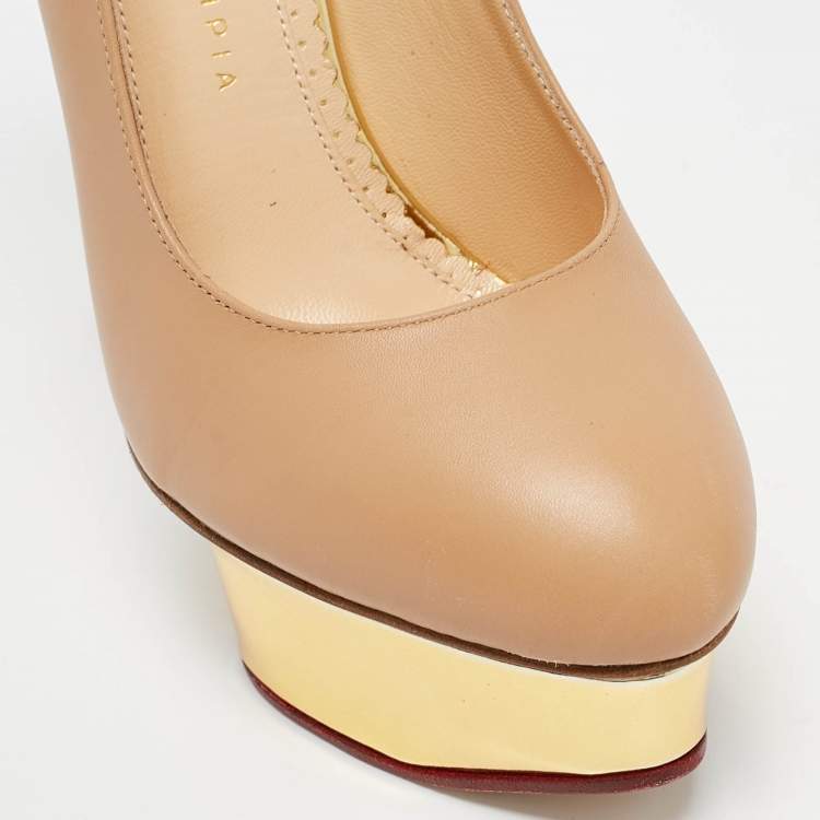Pre Owned Charlotte Olympia Beige Leather Dolly Slingback Platform Pumps Size 38
