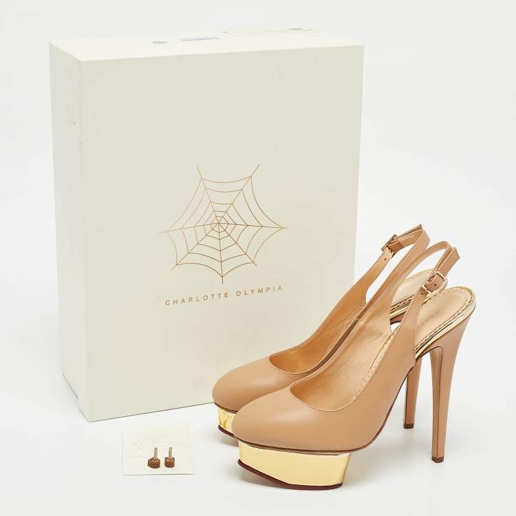Pre Owned Charlotte Olympia Beige Leather Dolly Slingback Platform Pumps Size 38