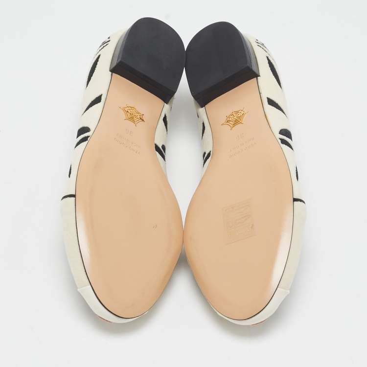 Pre Owned Charlotte Olympia White/Black Velvet Panda Ballet Flats Size 36