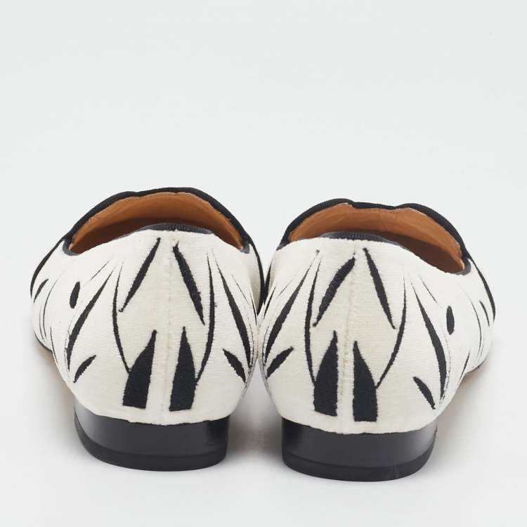 Pre Owned Charlotte Olympia White/Black Velvet Panda Ballet Flats Size 36