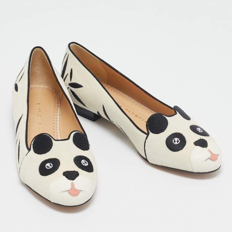 Pre Owned Charlotte Olympia White/Black Velvet Panda Ballet Flats Size 36