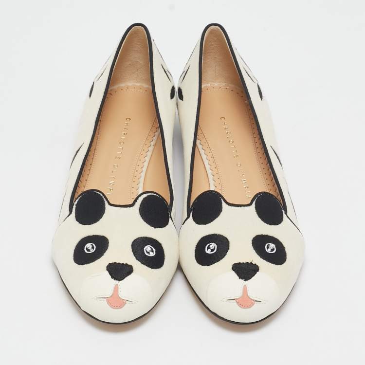 Pre Owned Charlotte Olympia White/Black Velvet Panda Ballet Flats Size 36