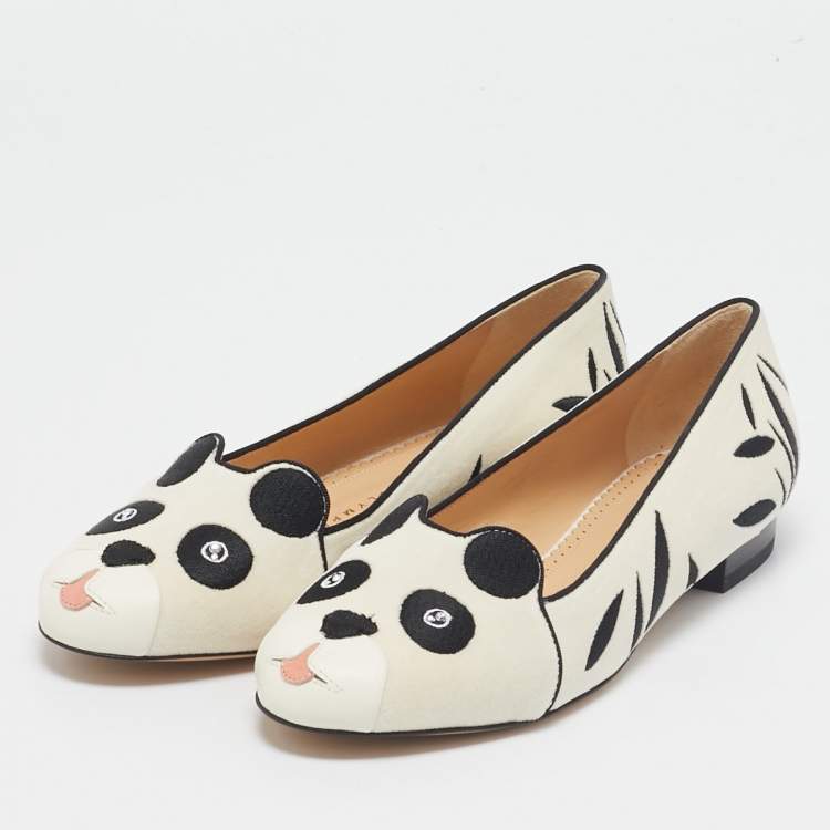 Pre Owned Charlotte Olympia White/Black Velvet Panda Ballet Flats Size 36