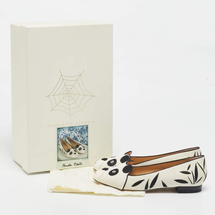 Pre Owned Charlotte Olympia White/Black Velvet Panda Ballet Flats Size 36