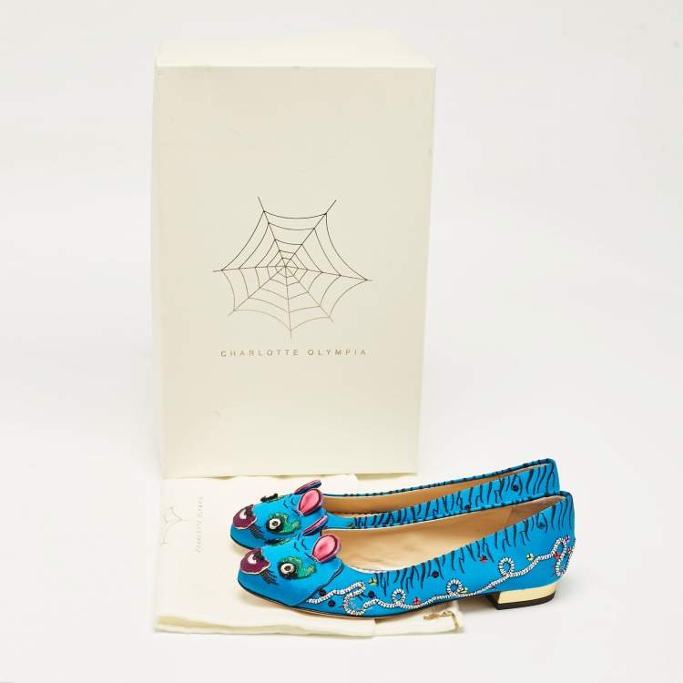 Pre Owned Charlotte Olympia Blue Satin Crouching Tiger Ballet Flats Size 36