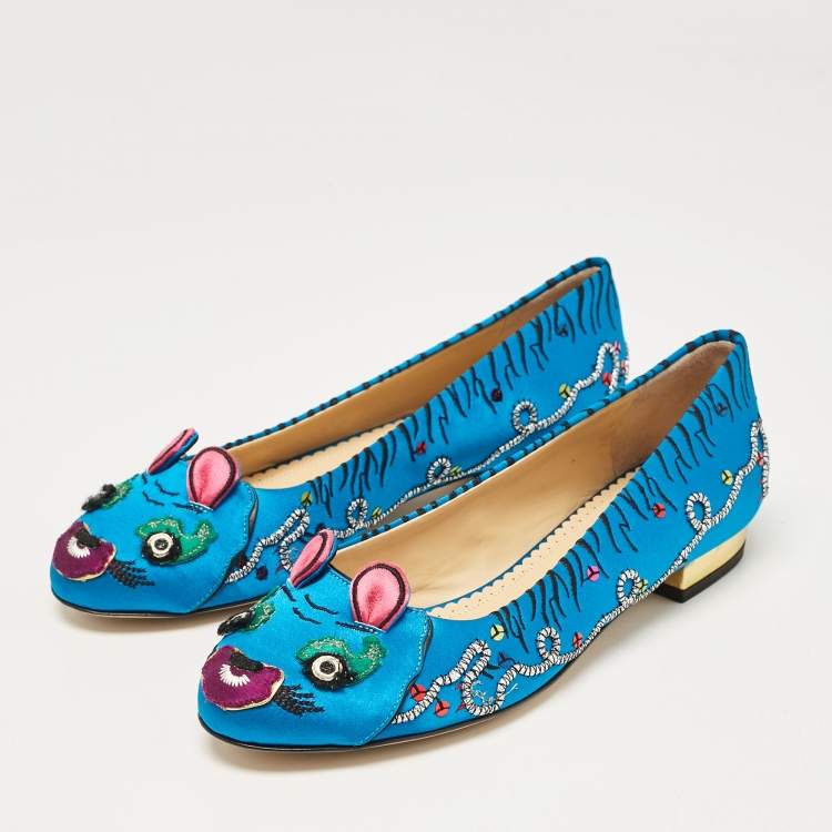 Pre Owned Charlotte Olympia Blue Satin Crouching Tiger Ballet Flats Size 36