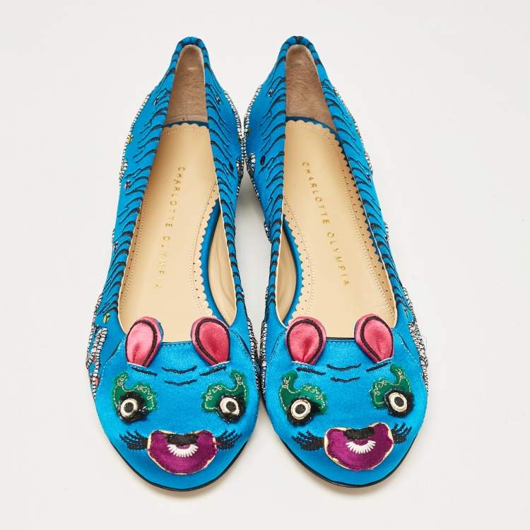 Pre Owned Charlotte Olympia Blue Satin Crouching Tiger Ballet Flats Size 36