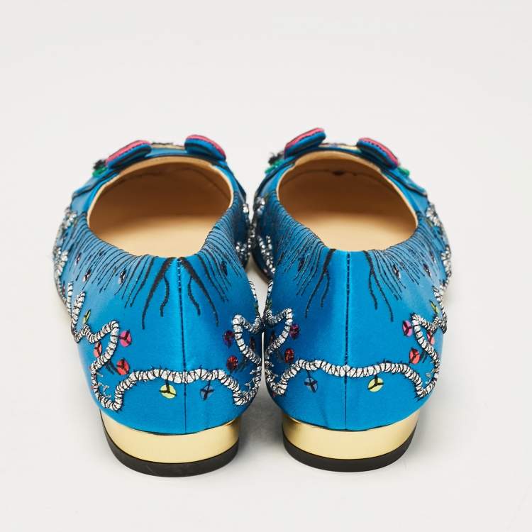 Pre Owned Charlotte Olympia Blue Satin Crouching Tiger Ballet Flats Size 36
