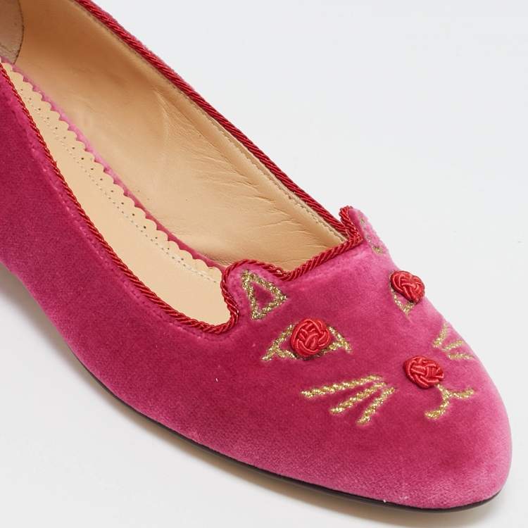 Pre Owned Charlotte Olympia Pink Velvet Knot A Kitty Ballet Flats Size 35.5
