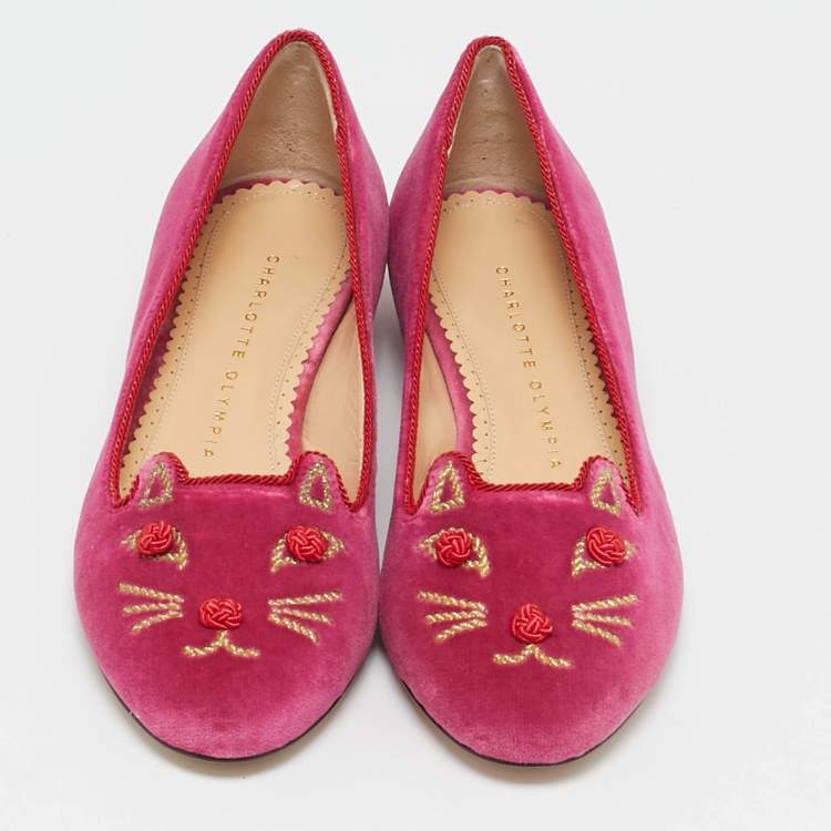 Pre Owned Charlotte Olympia Pink Velvet Knot A Kitty Ballet Flats Size 35.5