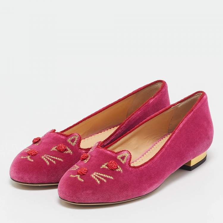 Pre Owned Charlotte Olympia Pink Velvet Knot A Kitty Ballet Flats Size 35.5