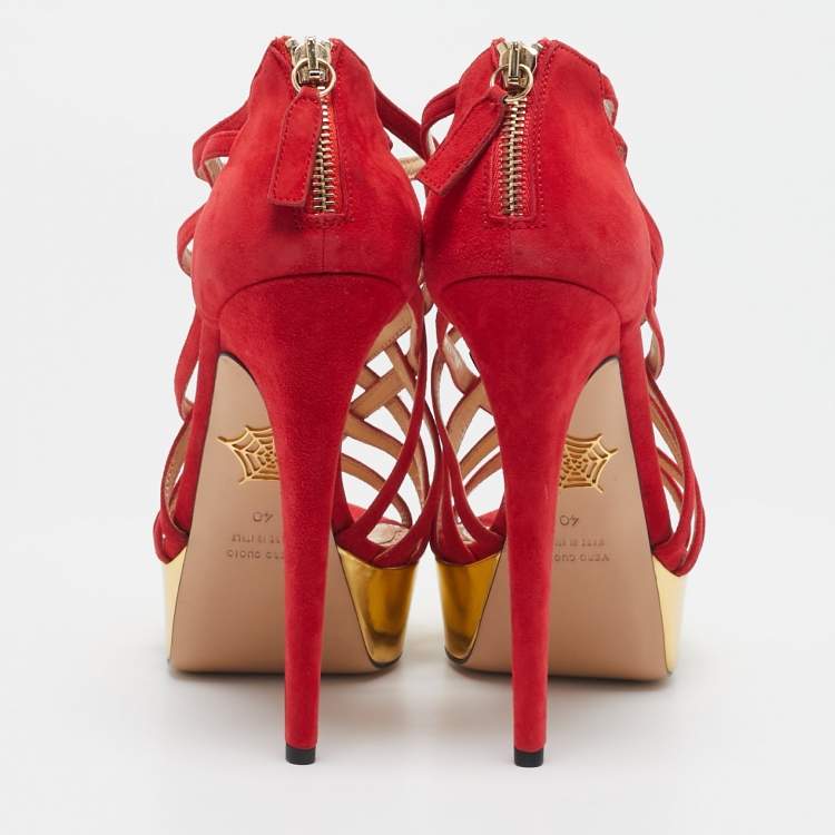 Pre Owned Charlotte Olympia Red Suede Strappy Platform Sandals Size 40