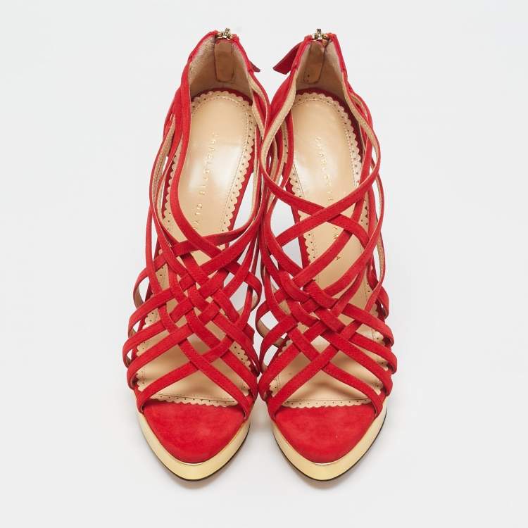 Pre Owned Charlotte Olympia Red Suede Strappy Platform Sandals Size 40