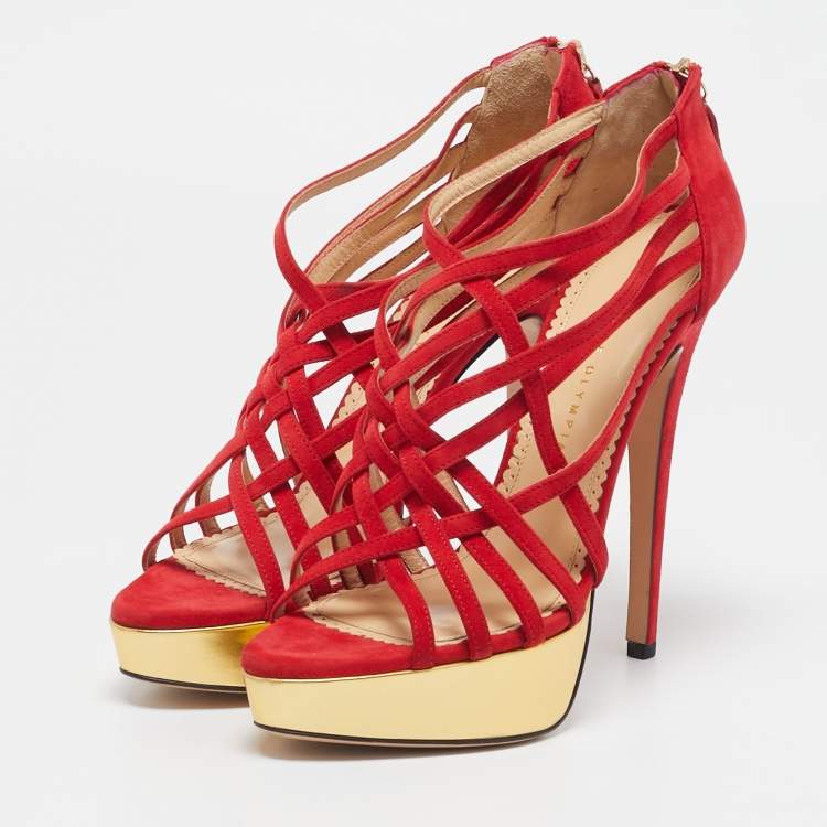 Pre Owned Charlotte Olympia Red Suede Strappy Platform Sandals Size 40