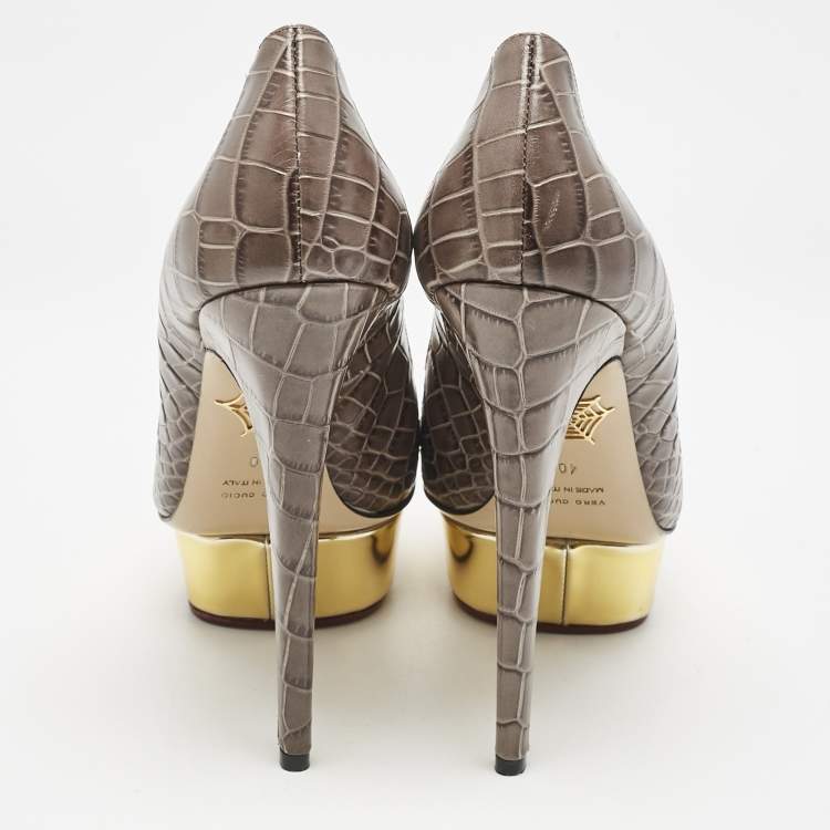 Pre Owned Charlotte Olympia Grey Croc Embossed Leather Dolly Platform Pumps Size 40