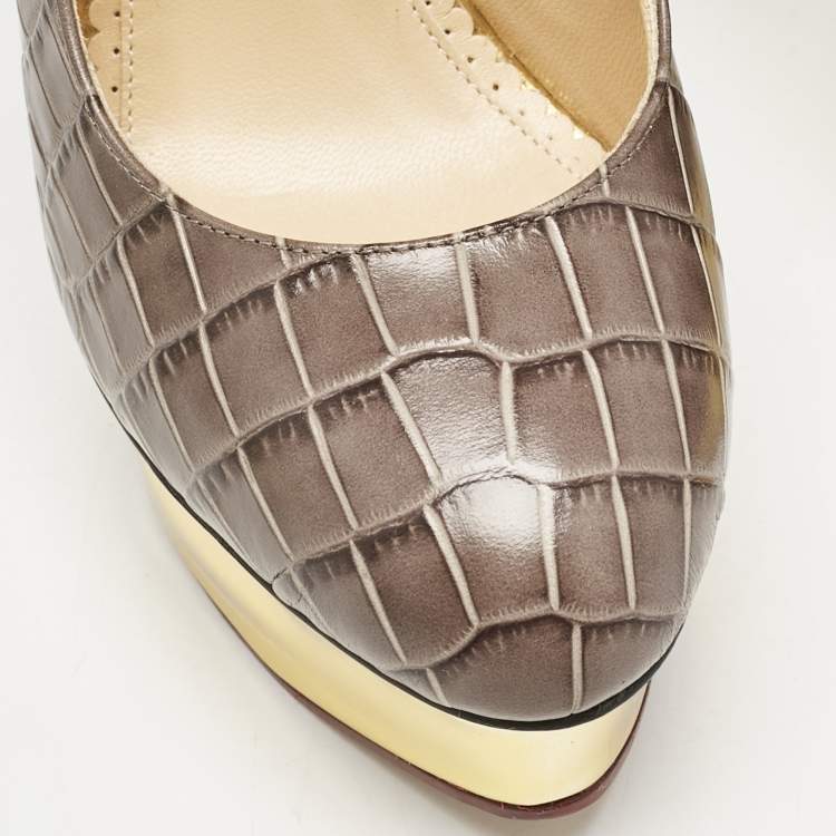 Pre Owned Charlotte Olympia Grey Croc Embossed Leather Dolly Platform Pumps Size 40