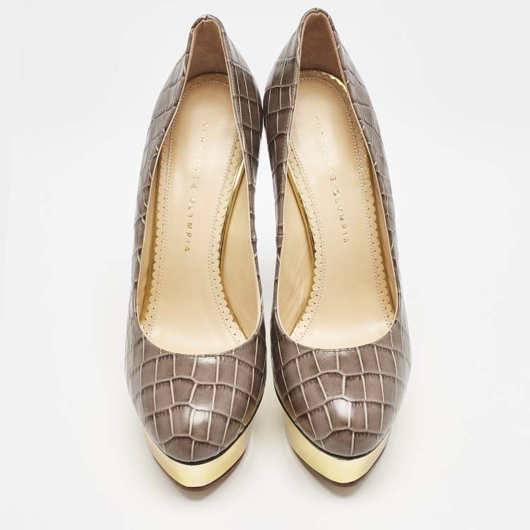 Pre Owned Charlotte Olympia Grey Croc Embossed Leather Dolly Platform Pumps Size 40