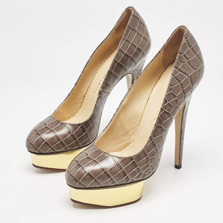 Pre Owned Charlotte Olympia Grey Croc Embossed Leather Dolly Platform Pumps Size 40