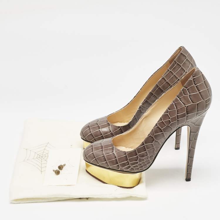 Pre Owned Charlotte Olympia Grey Croc Embossed Leather Dolly Platform Pumps Size 40