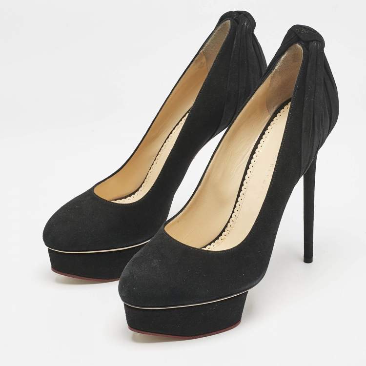 Pre Owned Charlotte Olympia Black Suede Dolly Platform Pumps Size 41