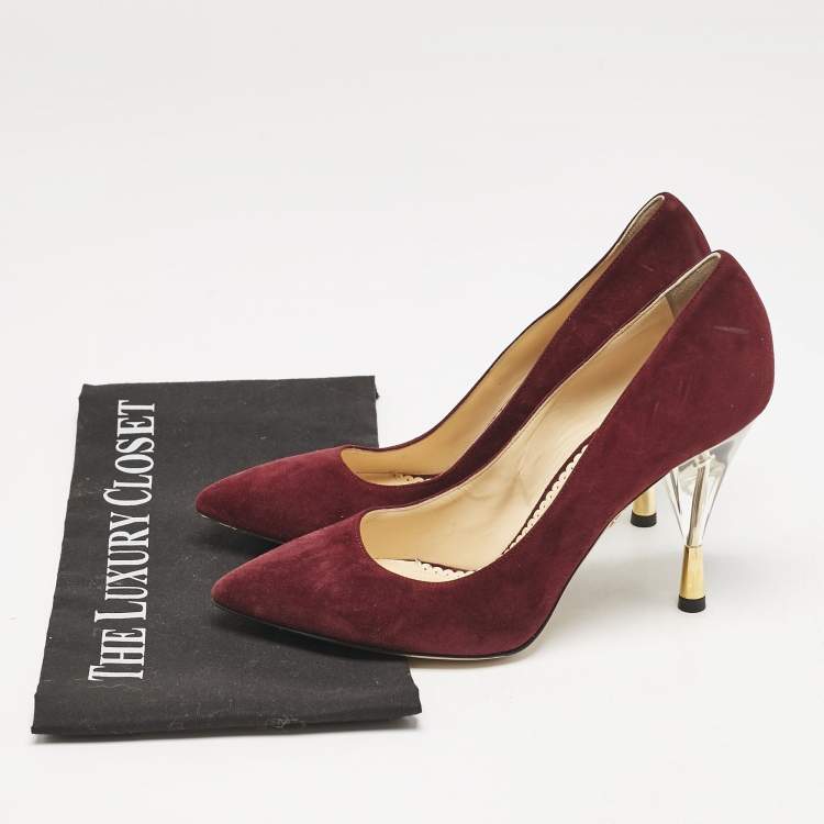 Pre Owned Charlotte Olympia Burgundy Suede Pointed Toe Pumps Size 37.5