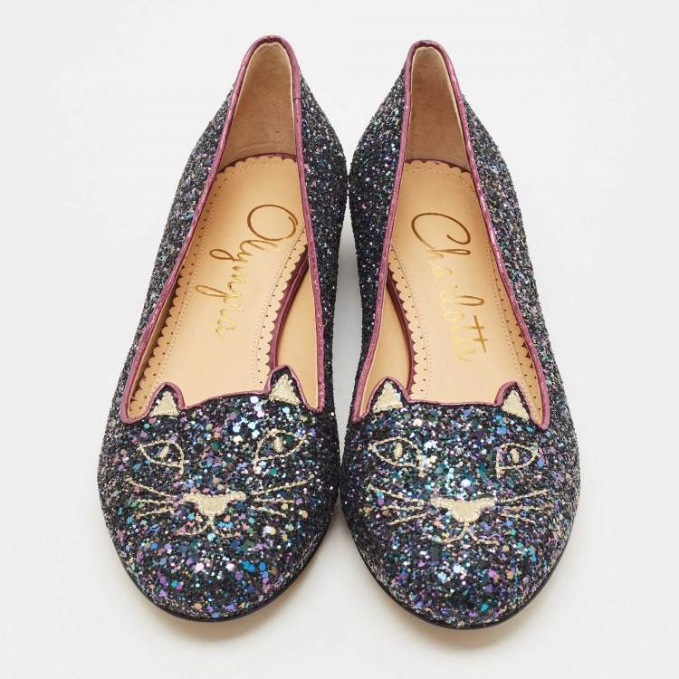 Pre Owned Charlotte Olympia Multicolor Glitter Cat Ballet Flats Size 37.5