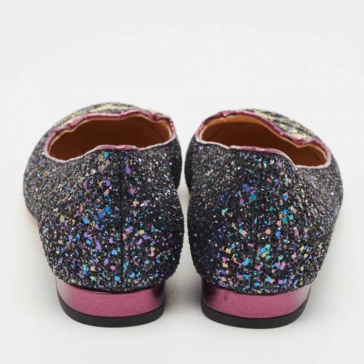 Pre Owned Charlotte Olympia Multicolor Glitter Cat Ballet Flats Size 37.5