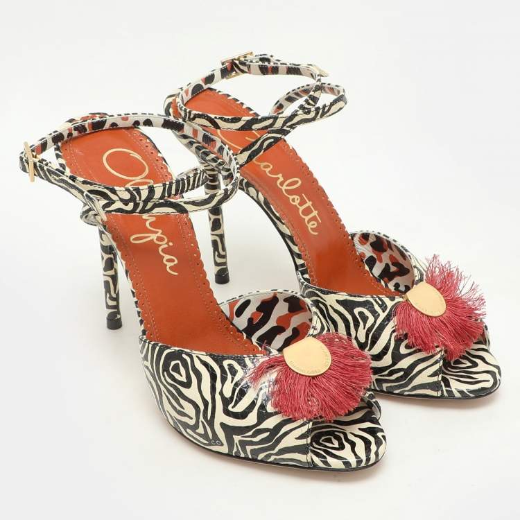 Pre Owned Charlotte Olympia Zebra Print Python Embossed Leather Izzy Gone Wild Ankle Strap Sandals Size 38.5