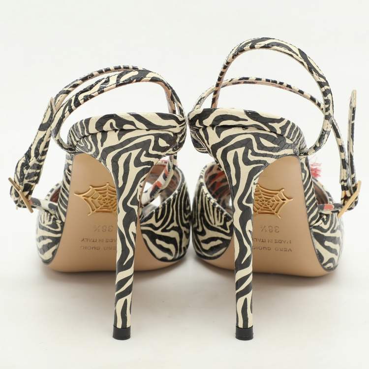 Pre Owned Charlotte Olympia Zebra Print Python Embossed Leather Izzy Gone Wild Ankle Strap Sandals Size 38.5