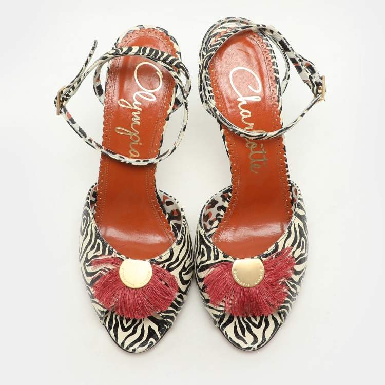 Pre Owned Charlotte Olympia Zebra Print Python Embossed Leather Izzy Gone Wild Ankle Strap Sandals Size 38.5