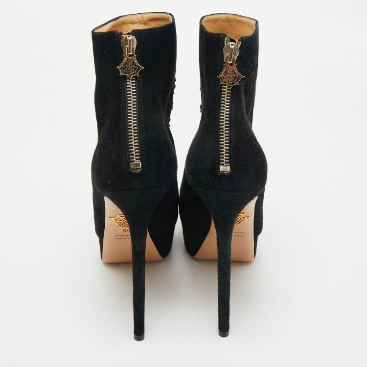 Pre Owned Charlotte Olympia Black Suede On Time Platform Ankle Boots Size 38