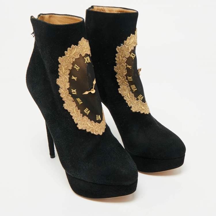Pre Owned Charlotte Olympia Black Suede On Time Platform Ankle Boots Size 38