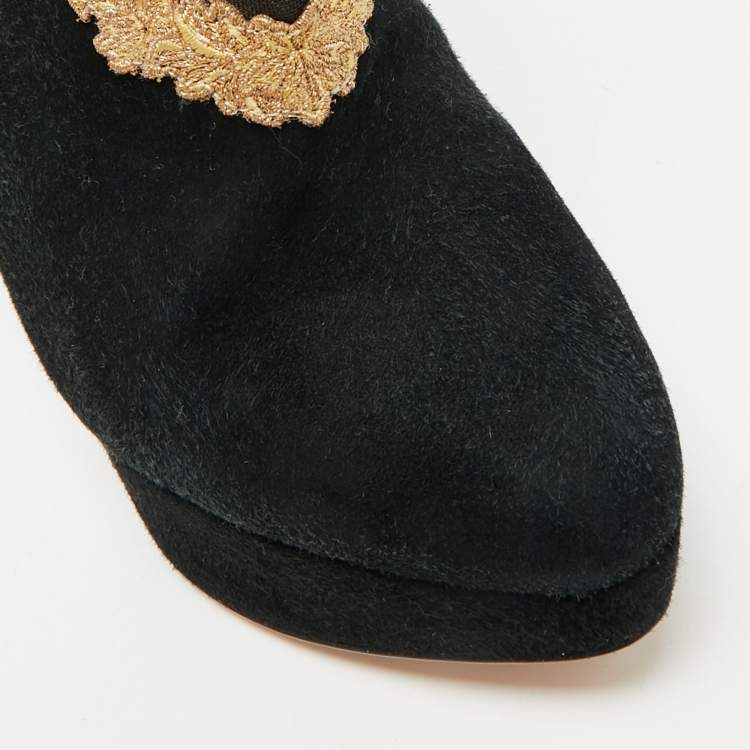 Pre Owned Charlotte Olympia Black Suede On Time Platform Ankle Boots Size 38