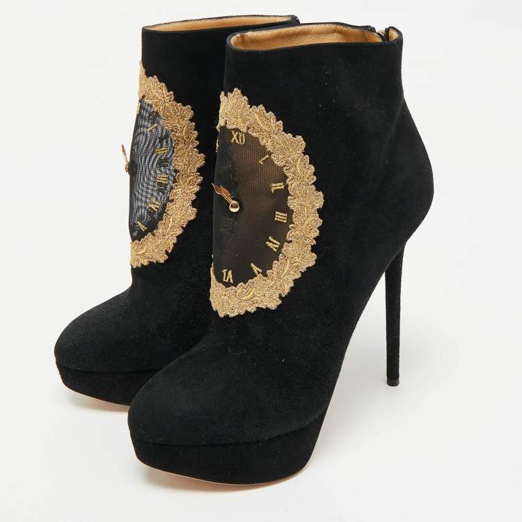 Pre Owned Charlotte Olympia Black Suede On Time Platform Ankle Boots Size 38