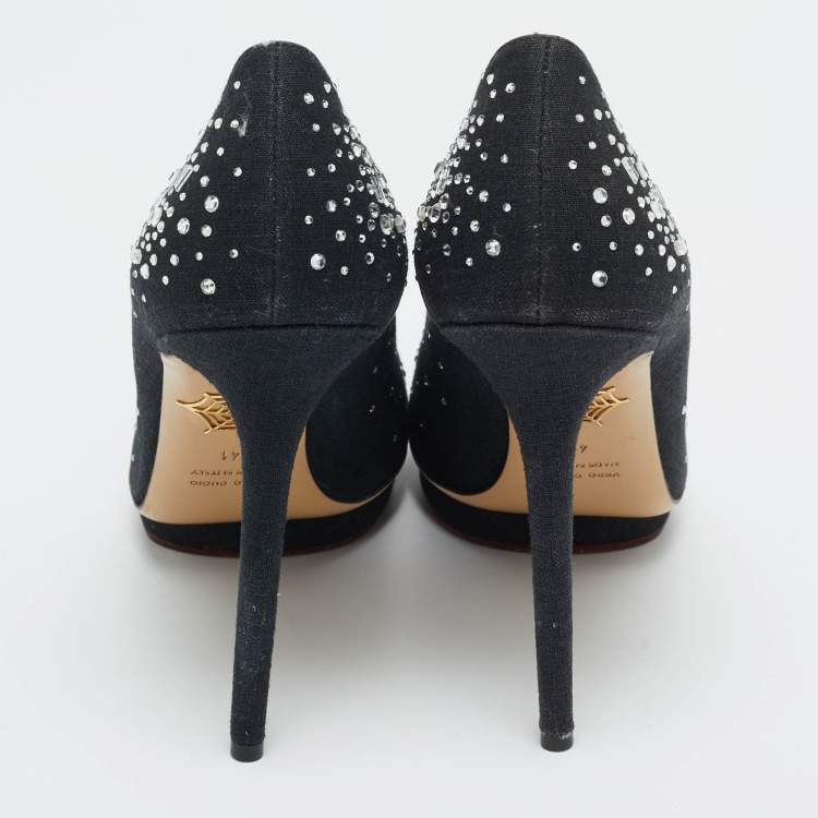 Pre Owned Charlotte Olympia Black Canvas Crystal Embellished Dotty Platform Pumps Size 41