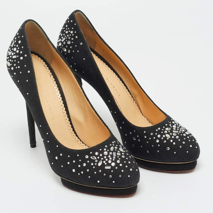 Pre Owned Charlotte Olympia Black Canvas Crystal Embellished Dotty Platform Pumps Size 41